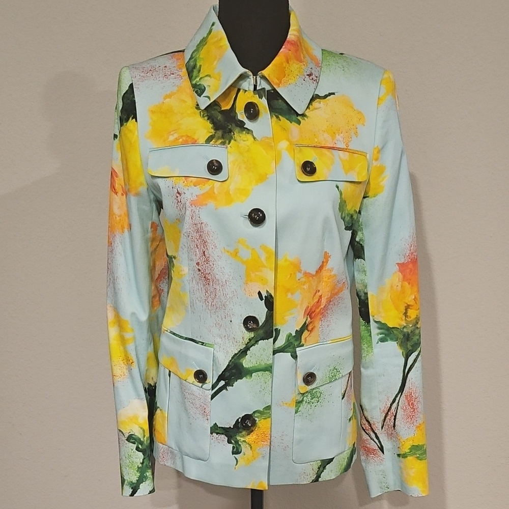 Escada Light Blue Jacket with Yellow Floral Print